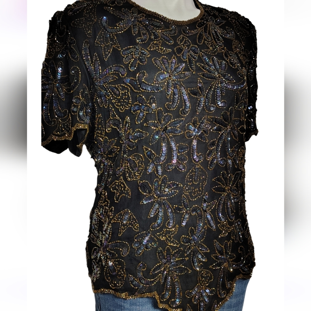 Vintage Papell Boutique Evening Blouse Sequin Silk Beaded Top Cote d' Azur - Picture 7 of 9